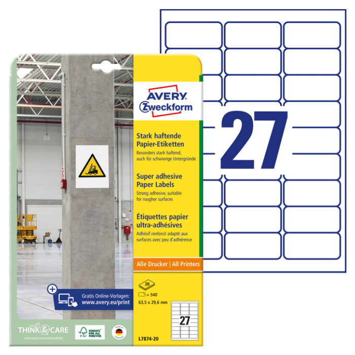 Etiket Avery Zweckform L7874-20 63.5x29.6mm 540 etiketten