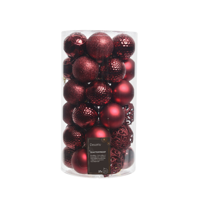 Kerstballen Decoris assorti ossenbloed-rood koker à 37 stuks