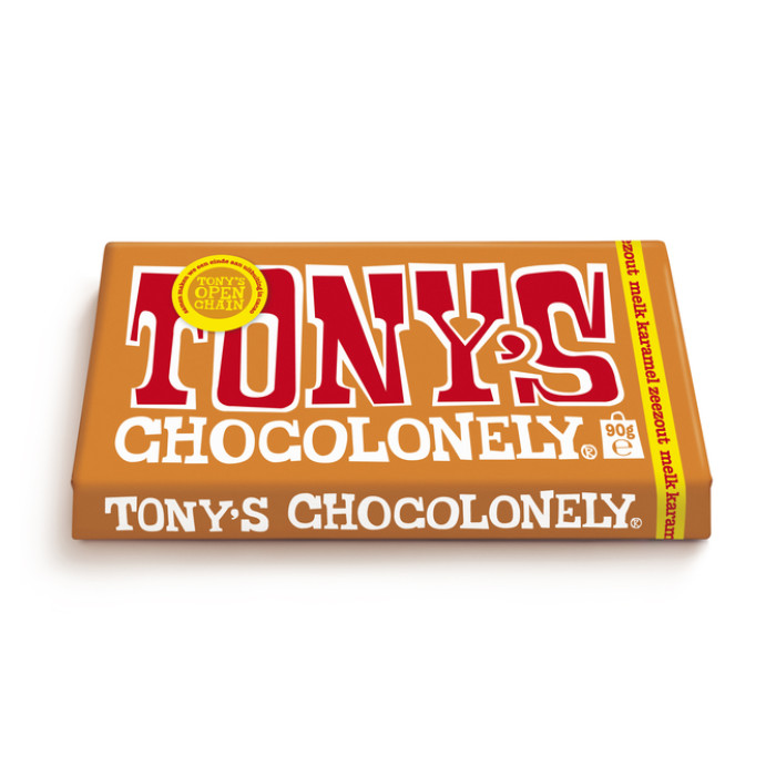 Chocolade Tony's Chocolonely melk karamel zeezout reep 90 gram