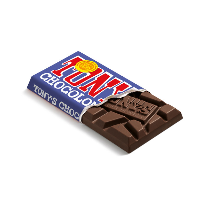 Chocolade Tony's Chocolonely donkere melk pretzel toffee reep 90 gram