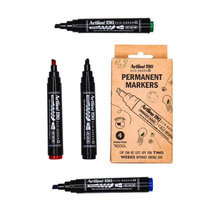 Permanent marker Artline 190  Dry Safe Eco schuin 2-5mm assorti 4 stuks