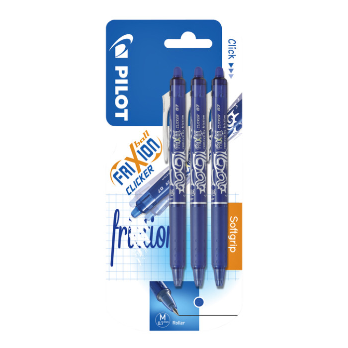 Rollerpen PILOT friXion clicker medium blauw blister à 3 stuks