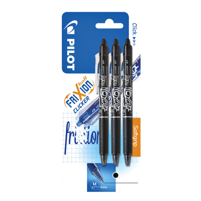 Rollerpen PILOT friXion clicker medium zwart blister à 3 stuks