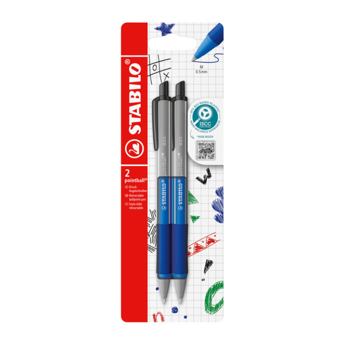 Balpen STABILO pointball colorful medium blauw blister à 2 stuks