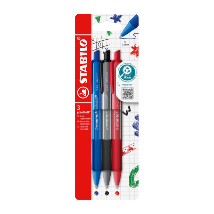 Balpen STABILO pointball colorful medium assorti blister à 3 stuks