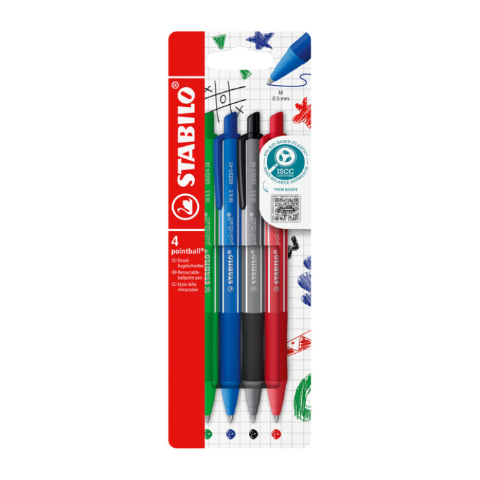 Balpen STABILO pointball colorful medium assorti blister à 4 stuks