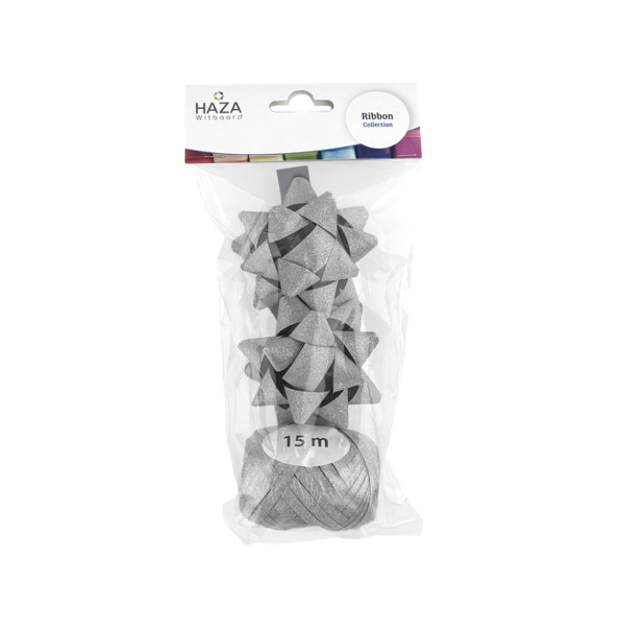 Cadeaulint Polyband en 2 rozetten zilver glitter