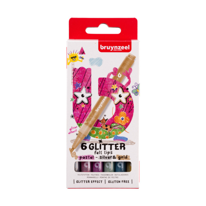 Viltstift Bruynzeel Kids pastel zilver goud set à 6 glitterkleuren