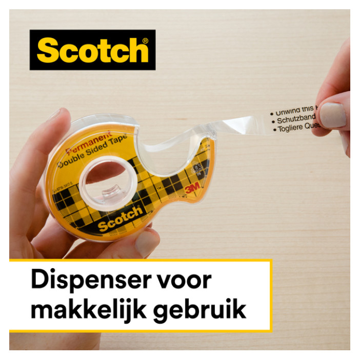 Plakband Scotch 665 12mmx6.3m dubbelzijdig + afroller