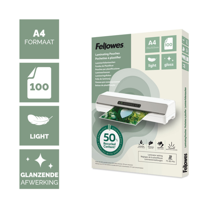 Lamineerhoes Fellowes A4 2x75micron recycled glans 100stuks