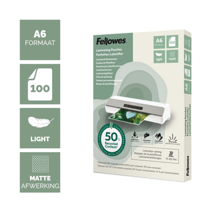 Lamineerhoes Fellowes A6 2x75micron recycled mat 100stuks