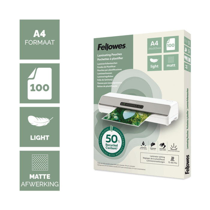 Lamineerhoes Fellowes A4 2x75micron recycled mat 100stuks