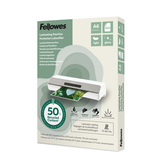 Lamineerhoes Fellowes A6 2x75micron recycled glans 100stuks