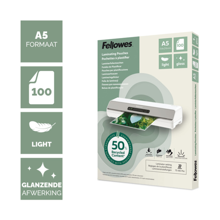 Lamineerhoes Fellowes A5 2x75micron recycled glans 100stuks