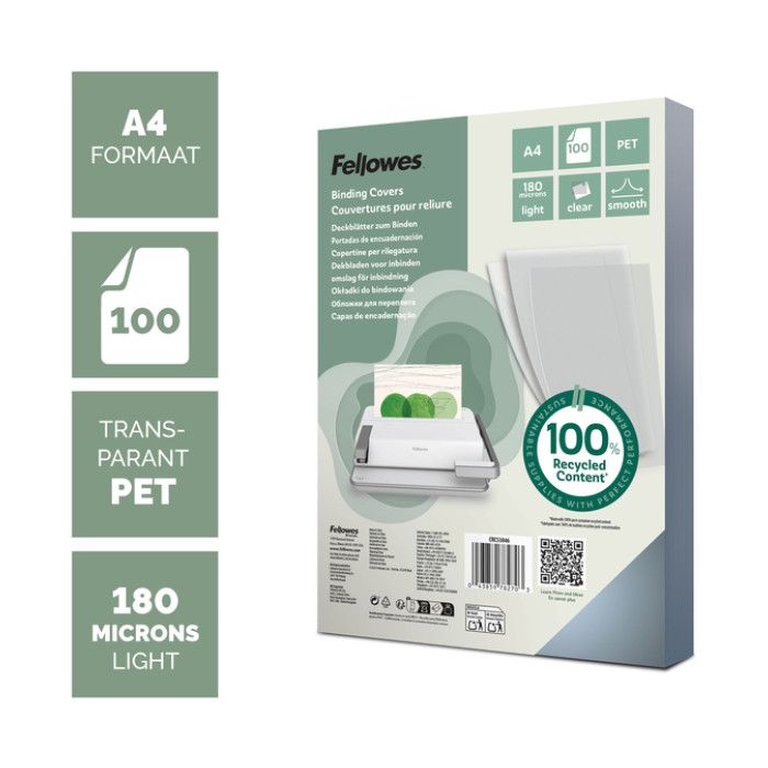 Voorblad Fellowes A4 PET 180micron recycled 100 stuks