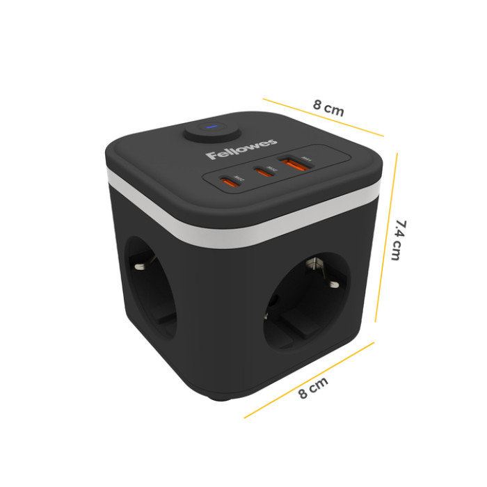 Stekkerblok Fellowes Power Cube F 3 voudig 1xUSB A 2xUSB C 2 meter zwart
