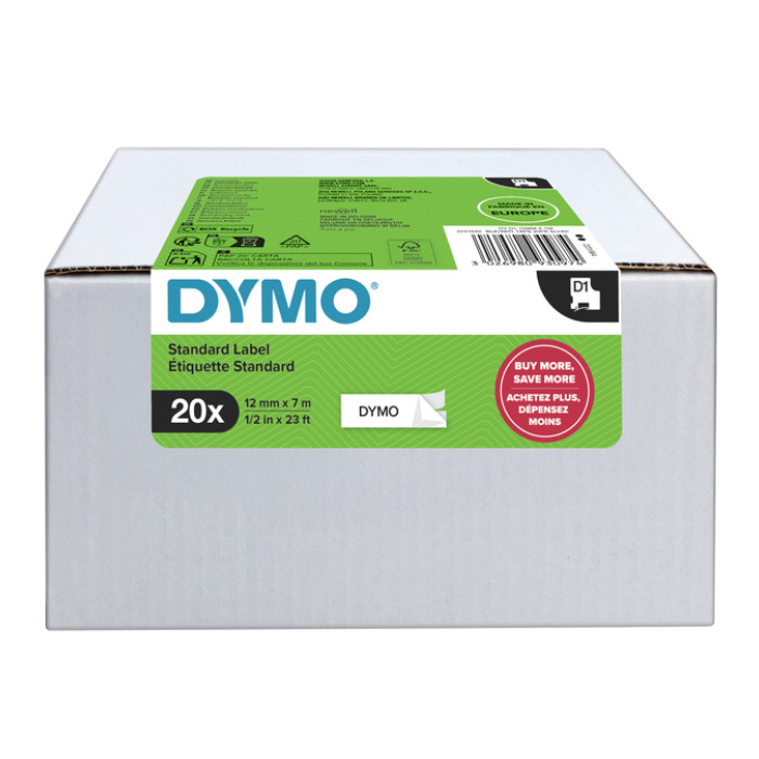 Labeltape Dymo LabelManager D1 polyester 12mmx7m wit op zwart  20 stuks