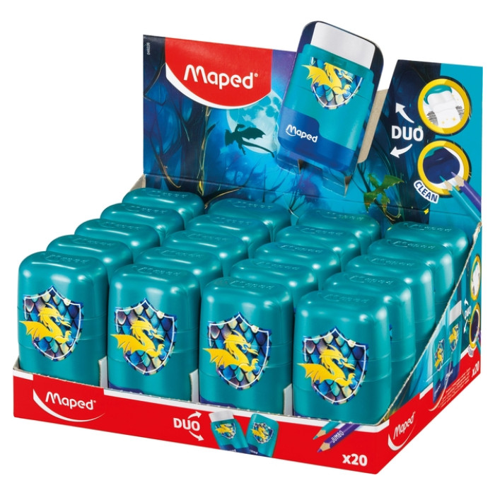 Puntenslijper Maped Connect Dragon 2-gaats met gum display a 20 stuks blauw