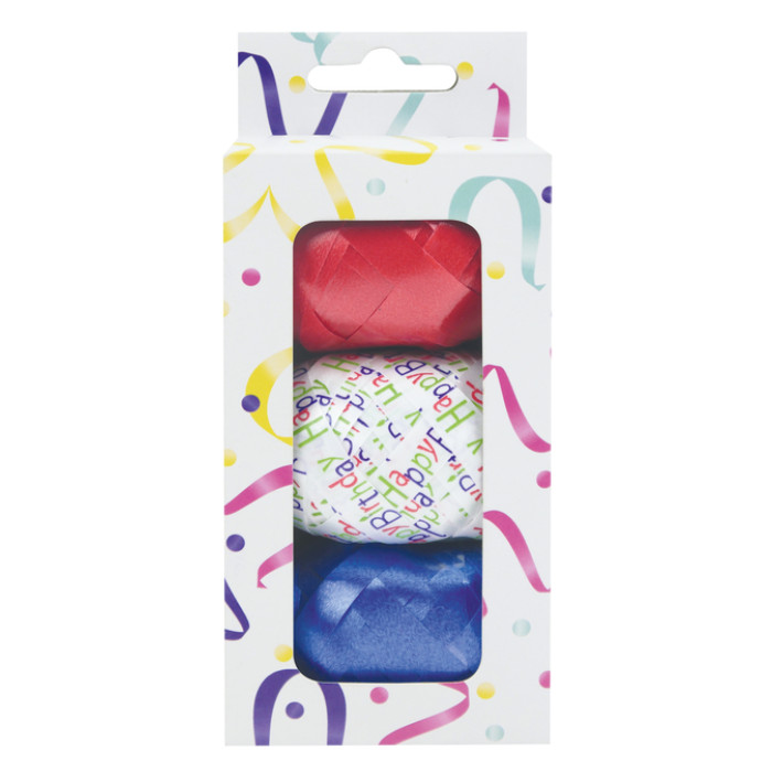 Krullint set à 3 kleuren rood, blauw en wit met happy birthday