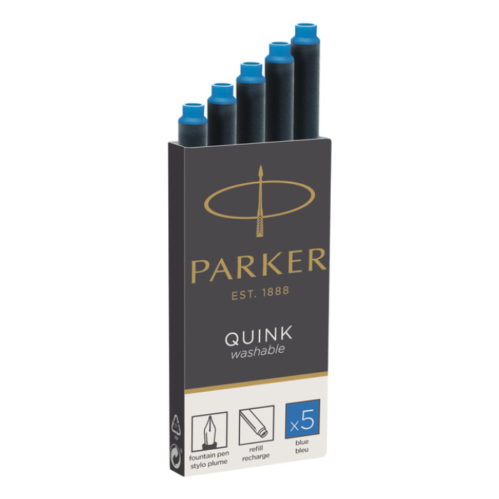 Inktpatroon Parker Quink uitwasbaar blauw blister à 5 stuks