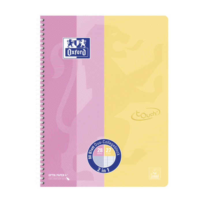 Collegeblok Oxford Touch duo A4+lijn/ruit 5mm 160 pagina's