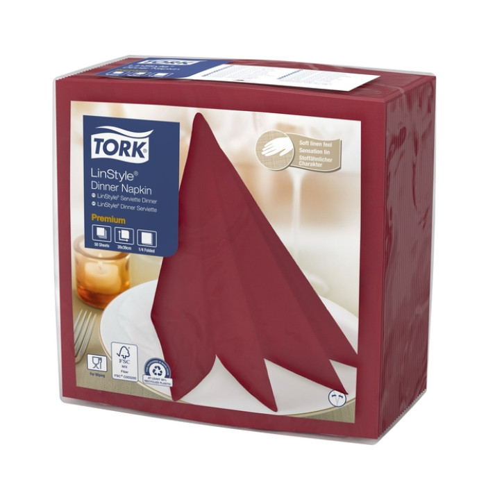 Dinerservet Tork Linstyle Premium 1/4 vouw 1-laags 390x390mm 50 vel bordeaux 478885