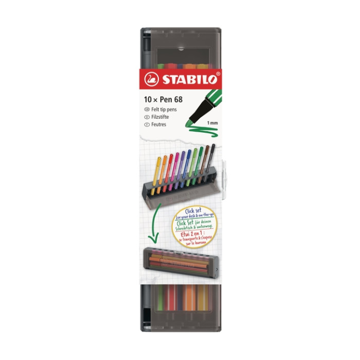 Viltstift STABILO Pen 68 medium clickset à 10 kleuren