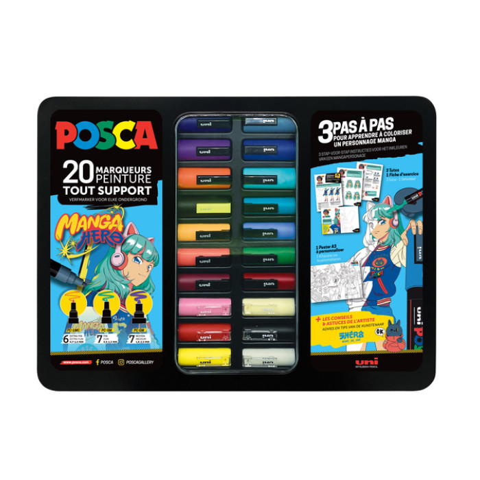 Paintmarker Uni POSCA Manga Hero assorti metalen koffer à 20 stuks