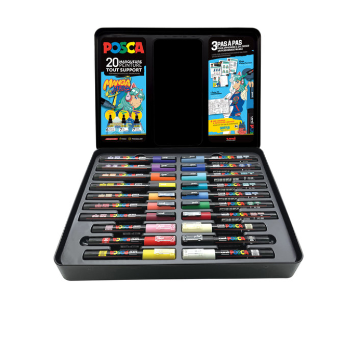 Paintmarker Uni POSCA Manga Hero assorti metalen koffer à 20 stuks