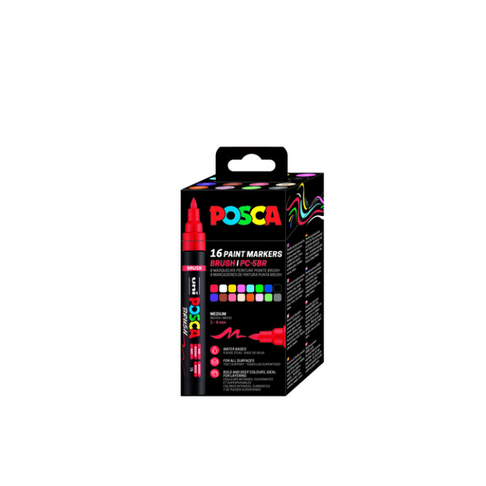 Paintmarker Uni POSCA PC-5BR brushpunt medium set à 16 kleuren