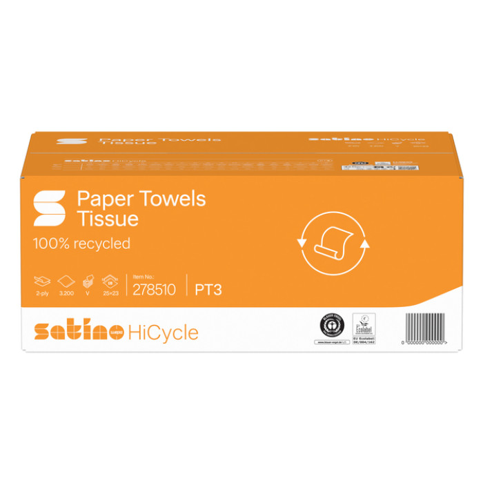 Handdoek Satino PT3 HiCycle v-vouw 2-laags 250x230mm 20x160 vel wit 278510