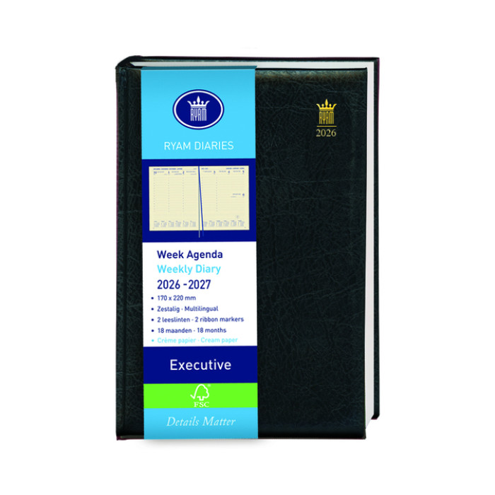 Schoolagenda 2026-2027 18mnd Ryam Executive Mundior 7dagen/2pagina's zwart