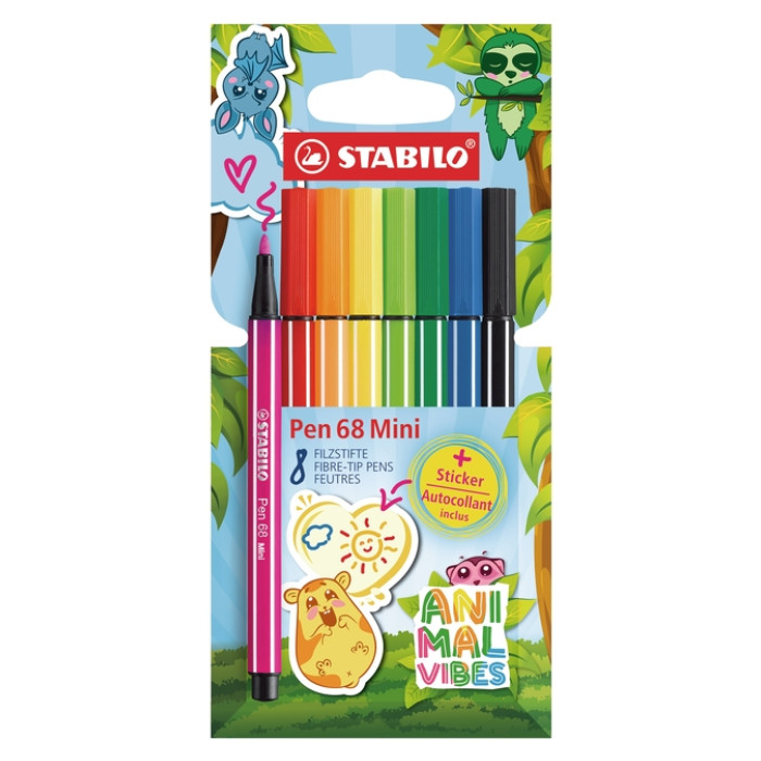 Viltstift STABILO Pen 68 Animal Vibes mini medium assorti blister à 8 stuks