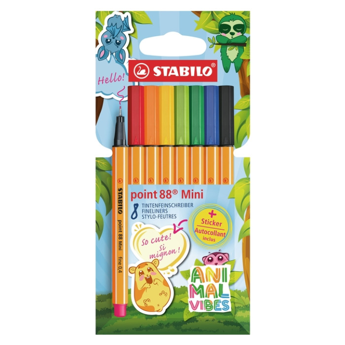 Fineliner STABILO point 88 Animal Vibes mini fijn assorti blister à 8 stuks