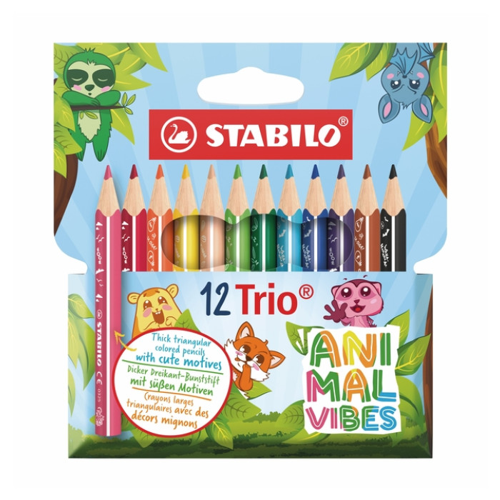 Kleurpotloden STABILO Trio dik Short Animal Vibes mini assorti blister à 12 stuks