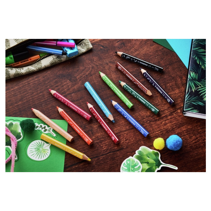 Kleurpotloden STABILO Trio dik Short Animal Vibes mini assorti blister à 12 stuks