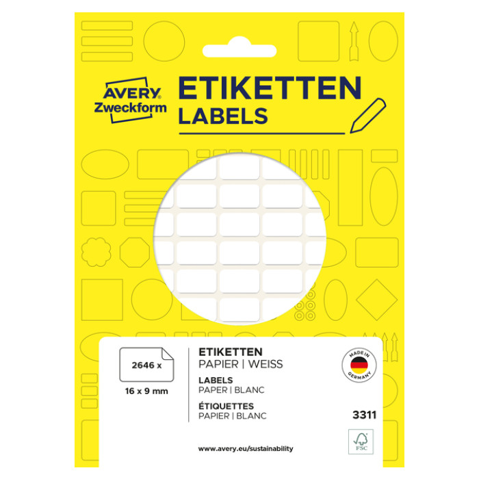 Etiket Avery 3311 16x9mm wit 2646 stuks