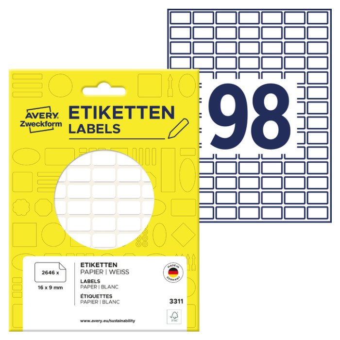 Etiket Avery 3311 16x9mm wit 2646 stuks