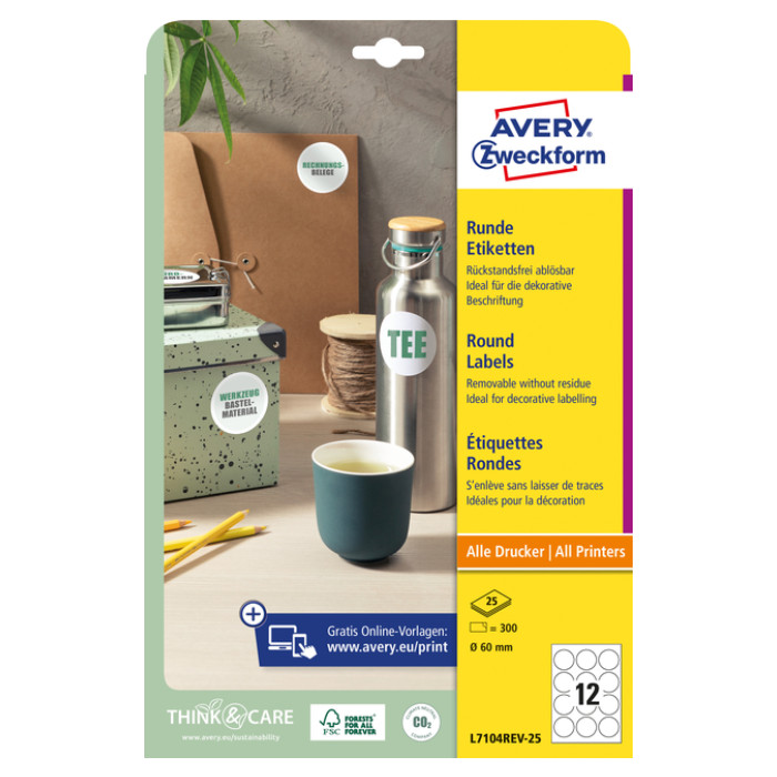 Etiket Avery L7104REV-25 60mm wit 300 stuks