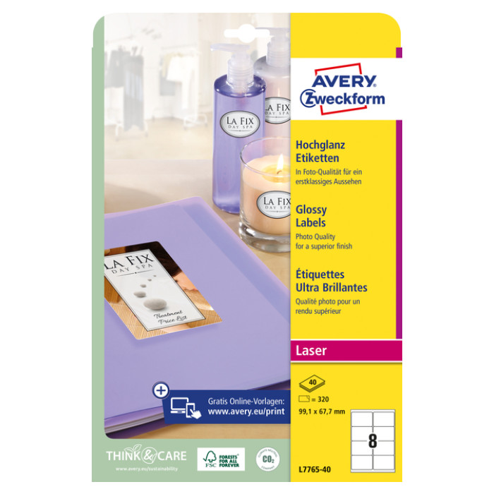 Etiket Avery L7765-40 99.1x 67.7mm hoogglans wit 320 stuks
