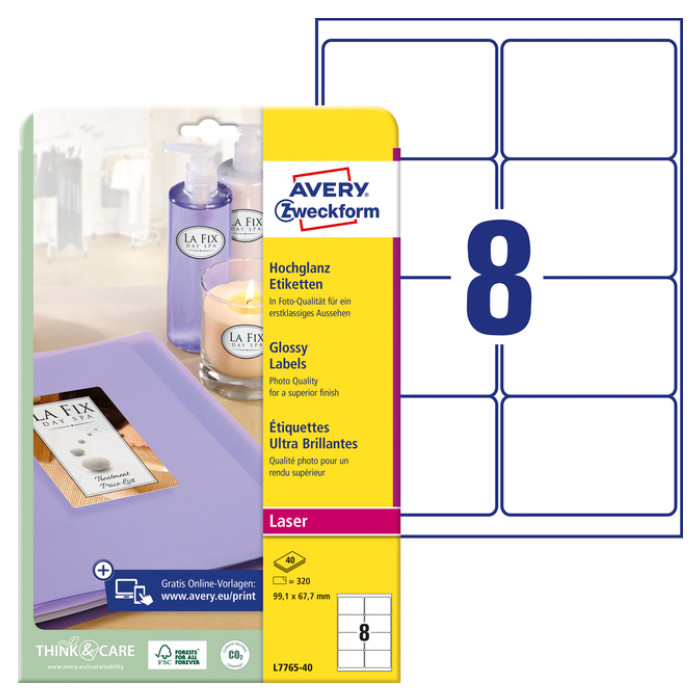 Etiket Avery L7765-40 99.1x 67.7mm hoogglans wit 320 stuks