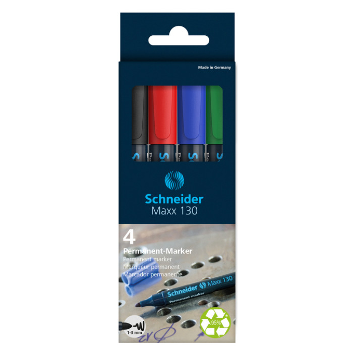 Permanent marker Schneider Maxx 130 rond 1-3mm assorti 4 stuks