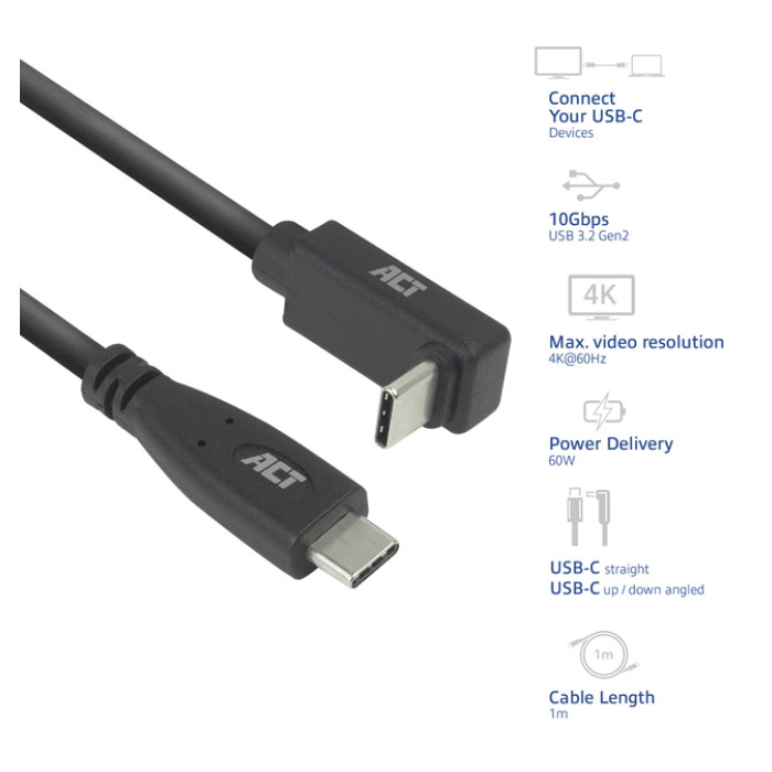 Kabel ACT USB-C standaard naar USB-C hoek boven/beneden 10Gbps 1m