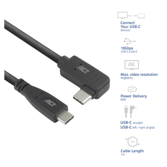 Kabel ACT USB-C standaard naar USB-C hoek 10Gbps 1m