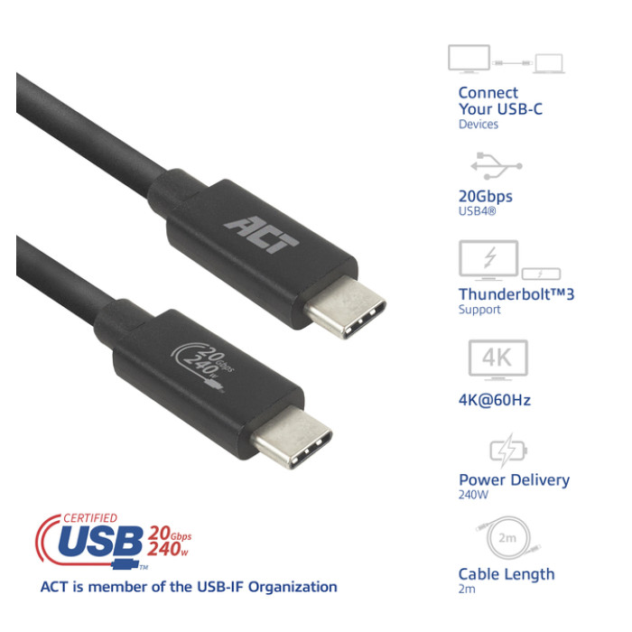 Kabel ACT USB-C 4.0 20Gbps Thunderbolt 3 2m