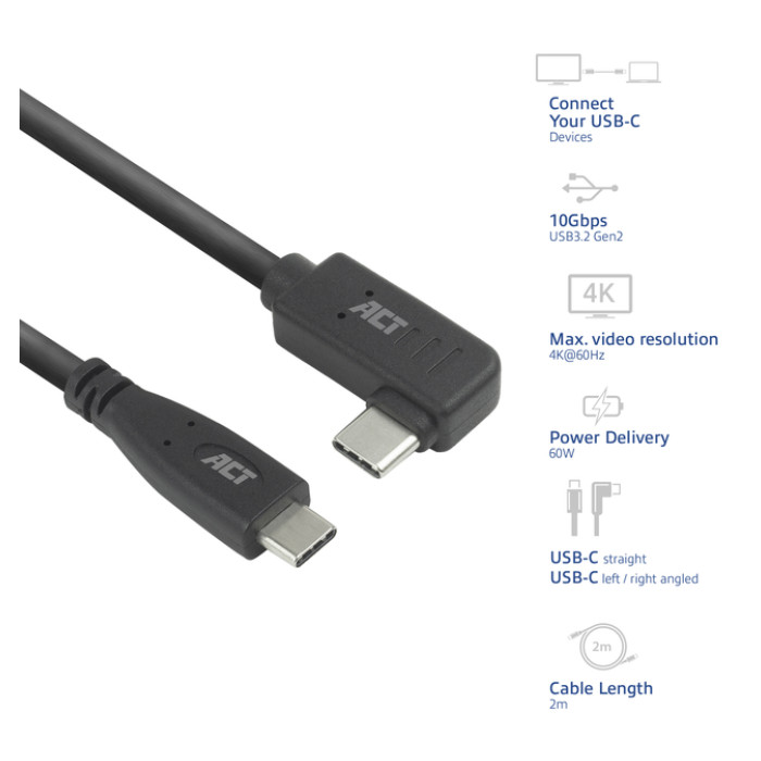 Kabel ACT USB-C standaard naar USB-C hoek 10Gbps 2m