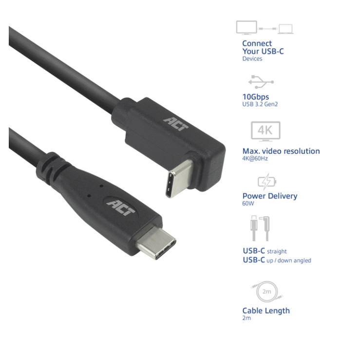 Kabel ACT USB-C standaard naar USB-C hoek boven/beneden 10Gbps 2m