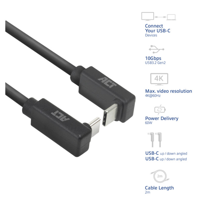Kabel ACT USB-C hoek boven/beneden 10Gbps 2m