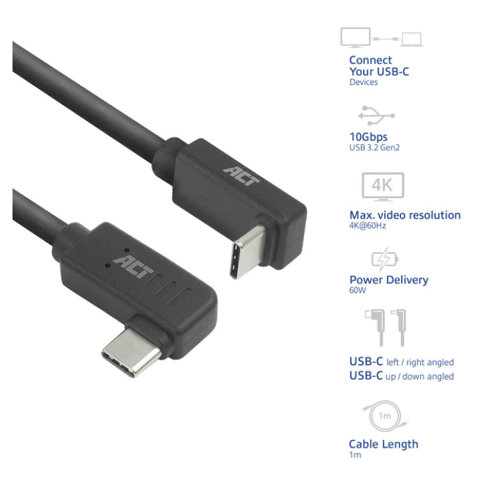 Kabel ACT USB-C hoek links/rechts USB-C hoek boven/beneden 10Gbps 1m