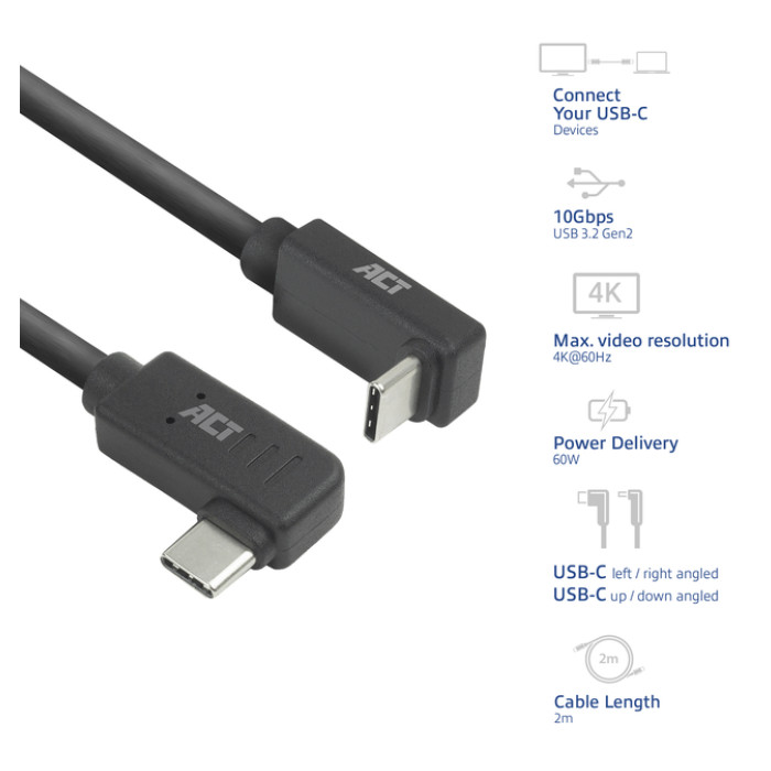 Kabel ACT USB-C hoek links/rechts USB-C hoek boven/beneden 10Gbps 2m